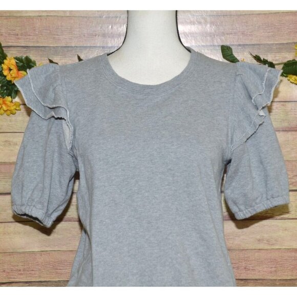 1 State Ladies S Gray Cropped Short Sleeve Ruffle Pullover Sweatshirt Cotton - Picture 2 of 8